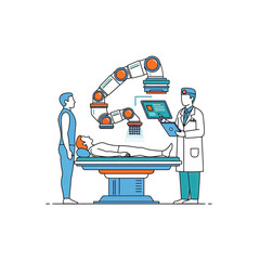 Futuristic medical procedure with robotic arm and doctor vector illustration