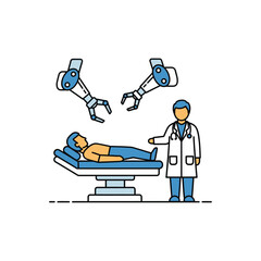 Doctor supervising robotic arm medical procedure vector illustration