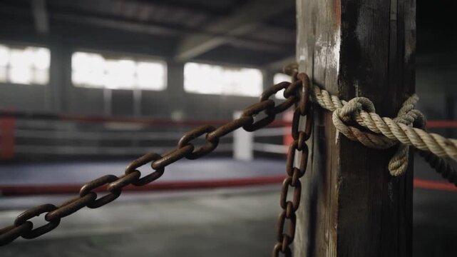 Old rusty metal chain and nautical rope rigging used for boxing ring empty equipment on a weathered wooden link
