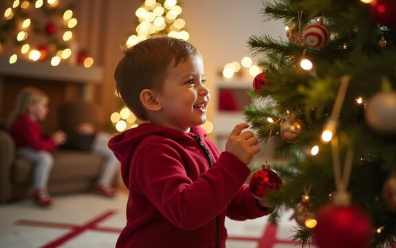 Child decorating christmas tree family home photography festive atmosphere close-up joyful spirit. High quality