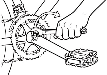 A person's hand using a wrench to adjust a bicycle pedal crank arm.