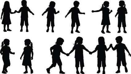 Silhouettes of playful children interacting and holding hands, illustrating childhood friendship, outdoor activity, movement, teamwork, fun, innocence, and social development