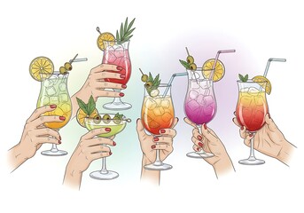 Hands holding colorful cocktails with garnish art
