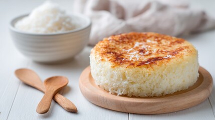 Golden Brown Baked Rice Cake With Shredded Coconut and Two Wooden Spoons on White Table With Bowl of Rice