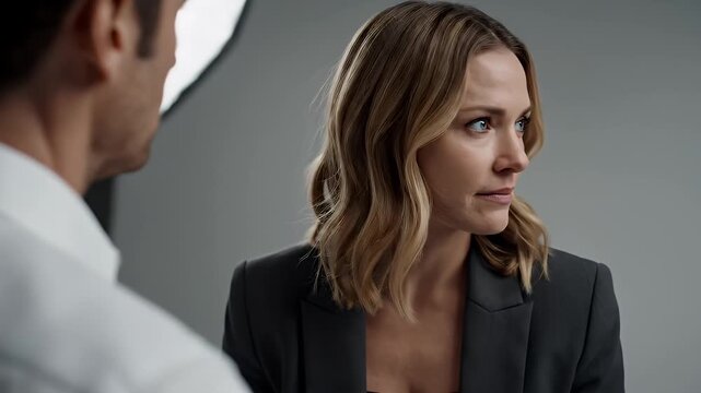 Serious Businesswoman In Grey Blazer And Black Top Engaged In Discussion With Man In White Shirt In Studio With Soft