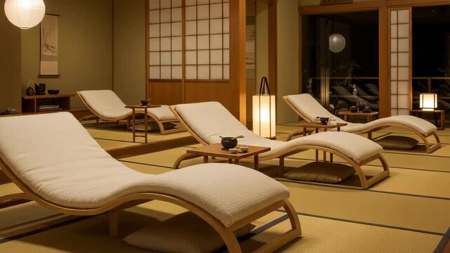 A peaceful traditional Japanese-style indoor spa room featuring plush lounge chairs, warm ambient lighting, and calming decor for ultimate relaxation.