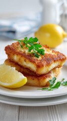 Golden Brown Breaded Fish Fillets Stacked on a White Plate with Lemon Wedge and Parsley Garnish