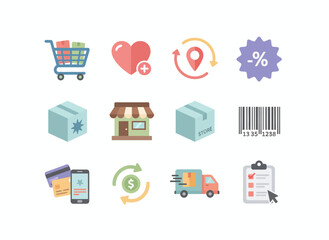 ecommerce vector icon set, flat colorful style, consistent rounded corners, includes: cart, wishlist heart, order tracking, discount tag, store, product box, barcode, payment methods, delivery truck, 