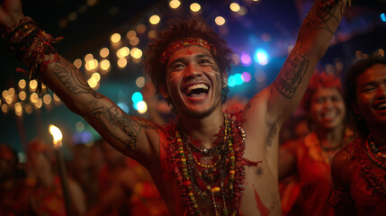 Joyful festival participant dancing and cheering under vibrant lights during the energetic Ati-Atihan Festival night celebration