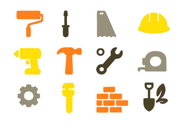 Obraz premium Construction Tools Icons – Solid Vector Set in Industrial Tones