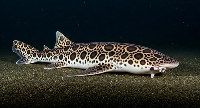 Leopard Shark Swimming on Ocean Floor at Night.