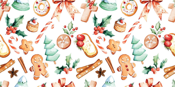 Watercolor Christmas: holly leaves, pinecone, gingerbread, sweets, biscuit, gingerbread man, Christmas tree, snowflake, anise, holly, candy cane seamless pattern background fabric repeated wallpaper