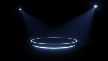 Futuristic cyberspace with round podium neon light, Abstract geometry with empty dark space with spotlight, Sci-fi scene for product presentation, 3d rendering