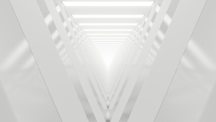 Abstract running triangle tunnel space with empty white glossy concrete, Geometric with neon light, Sci-fi interior, 3d rendering