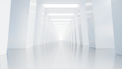 Abstract architecture tunnel space with empty white concrete floor, Geometric with neon light, Sci-fi interior for product presentation, 3d rendering