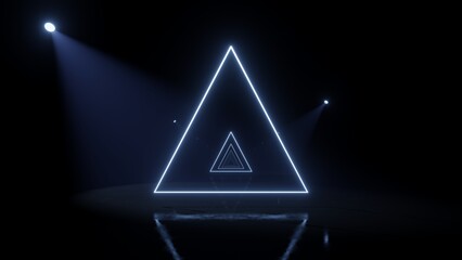 Futuristic cyberspace with running triangle neon light, Abstract geometry with empty dark space with spotlight, Sci-fi tunnel scene, 3d rendering