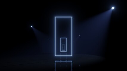 Futuristic cyberspace with running rectangle neon light, Abstract geometry with empty dark space with spotlight, Sci-fi tunnel scene, 3d rendering