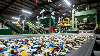 Automated sorting of multi-colored plastic construction components on an industrial conveyor belt inside a modern recycling plant