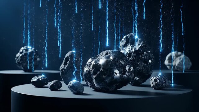Collection Of Dark Asteroids And Meteors With Blue Glowing Particles And Dramatic Lighting On Black Pedestals In Dark