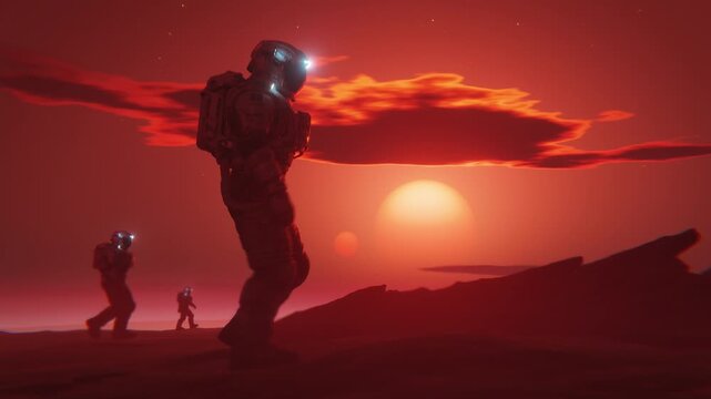 Astronauts Exploring a Red Alien Planet at Sunset Loop