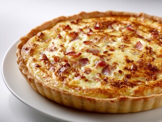 Golden Brown Quiche Lorraine With Crispy Bacon And Creamy Egg Filling On White Plate With Soft Light
