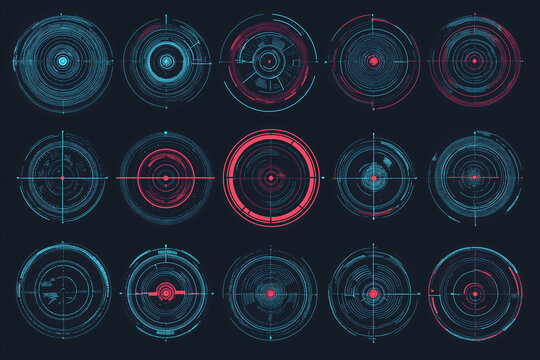 A collection of 15 unique, single-color circular and semi-circular HUD (Heads-Up Display) elements, including spinning meters, targeting reticles, and data rings