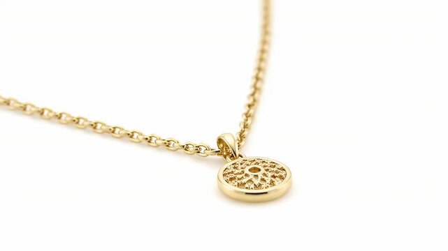 Elegant Gold Chain Necklace with Intricate Round Pendant Detail Macro Shot Isolated on White Background Studio Lighting