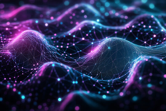 A complex, dark-mode abstract background of interconnected, glowing purple and teal nanowires creating a subtle 3D molecular grid pattern