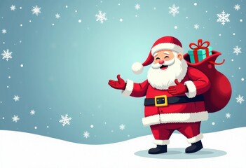 Merry Christmas and Happy New Year blue background with cartoon Santa with bag of Christmas gifts and snow; card template with space for text