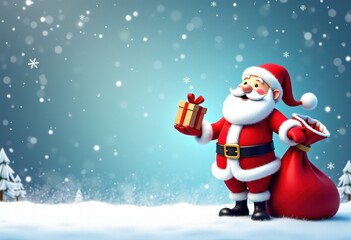 Merry Christmas and Happy New Year blue background with cute Santa holding out Christmas gift and snow; card template with space for text