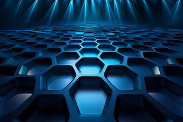 Fototapeta premium A highly detailed vector rendering of an abstract, futuristic honeycomb, hexagonal metallic structure with subtle chrome reflections and cool blue spotlights