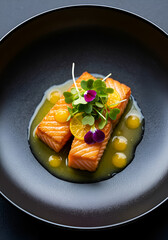 Two perfectly pan-seared salmon fillets resting in a bright, yellow citrus sauce, served on a modern, dark black plate.