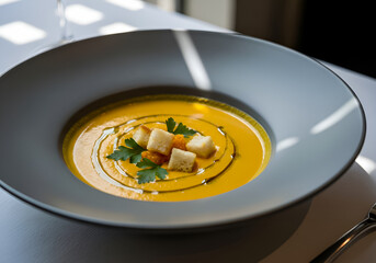 A close-up, high-angle shot of a gourmet, vibrant orange/yellow creamy soup, likely pumpkin or carrot, served in a modern, wide gray bowl.