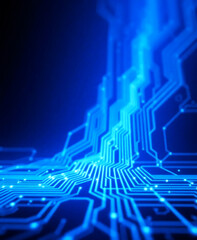 Obraz premium Abstract circuit board background, glowing microchip lines, blue neon and dark gradient, futuristic AI data network, clean minimal style.