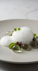 A highly stylized, contemporary dish showcasing molecular gastronomy.