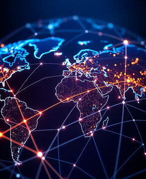 Global network connection background, glowing world map lines, data transfer, fiber optics, technology communication concept.
