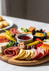 A vibrant and full charcuterie and cheese board on a round wooden platter.