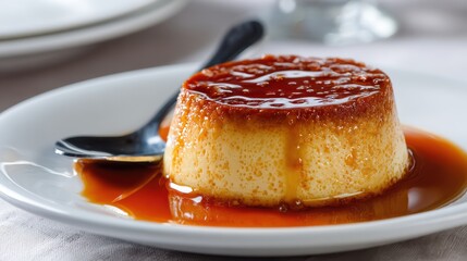 Golden Caramel Flan Dessert with Rich Caramel Sauce on a White Plate with Spoon