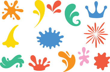 Assortment of Colorful Abstract Splashes Shapes and Crown on White Keywords: splash, splatter, paint, ink, water, abstract, colorful, shapes, design