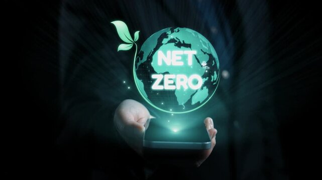 A hand holding a smartphone displays a glowing green Earth with net zero icons, symbolizing sustainability, climate action, and the future of environmental consciousness. Qubit