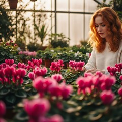 Harmony in Bloom: A serene moment captured as a woman tends to vibrant, blooming plants in a sunlit greenhouse, surrounded by the beauty of nature.