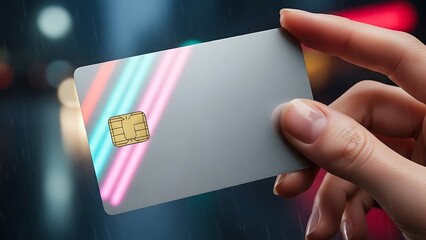 A person's hand holding a credit card with colorful diagonal stripes and a chip.
