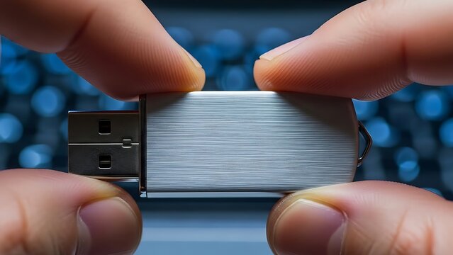 Hands holding a silver USB flash drive against a blurred keyboard background.