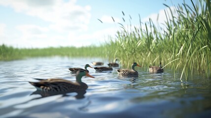Group of ducks swimming on calm lake near tall green grass in natural setting