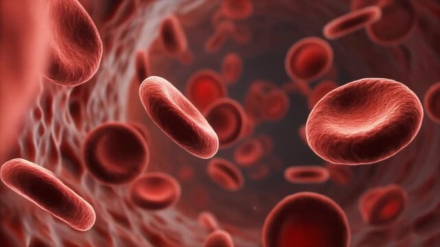 Generate a close-up 3D animated scene of blood cells traveling dynamically through the human circulatory system. Highlight fluid movement, vascular textures, and realistic biological lighting with smo
