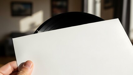 A hand holds a blank, white record sleeve revealing a black vinyl record inside.