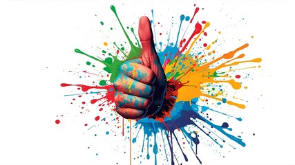 Naklejka premium Colorful thumb up gesture with vibrant paint splashes on white background