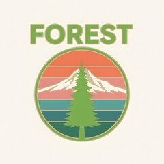 Forest Emblem: A vibrant and colorful emblem featuring a majestic pine tree, snow-capped mountain, and a retro-inspired sunset design, evoking a sense of adventure and tranquility.