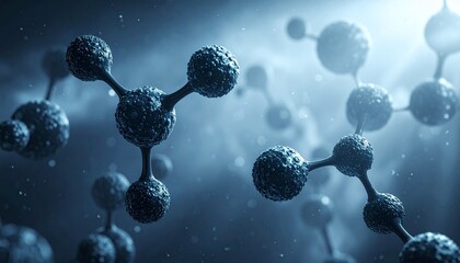 3D molecular network of glowing spheres and bonds on blue gradient background with light particles.