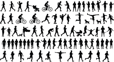 Human activity silhouette, walking, running, biking, jumping, dancing, stroller pushing, dog interaction, motion study, black illustration, flat vector